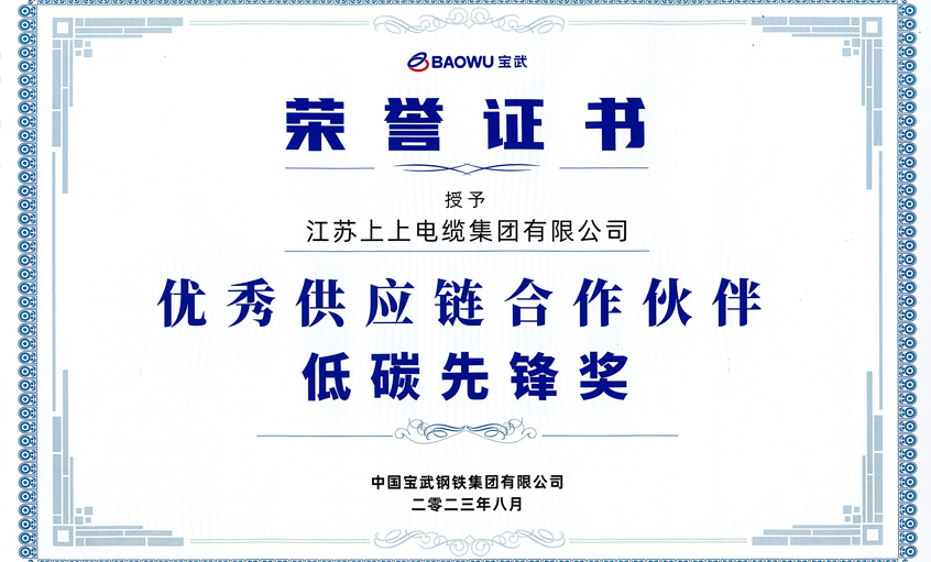 上上電纜榮獲寶武集團“2022年度優秀供應鏈合作伙伴——低碳先鋒獎”